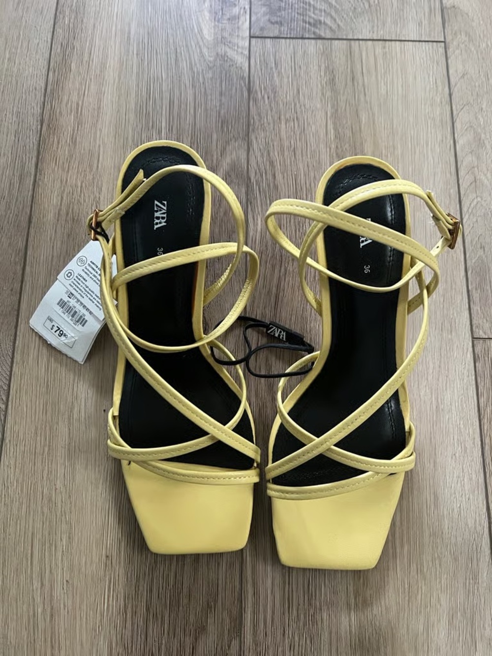 ZARA Yellow Strappy Square-Toe Heels